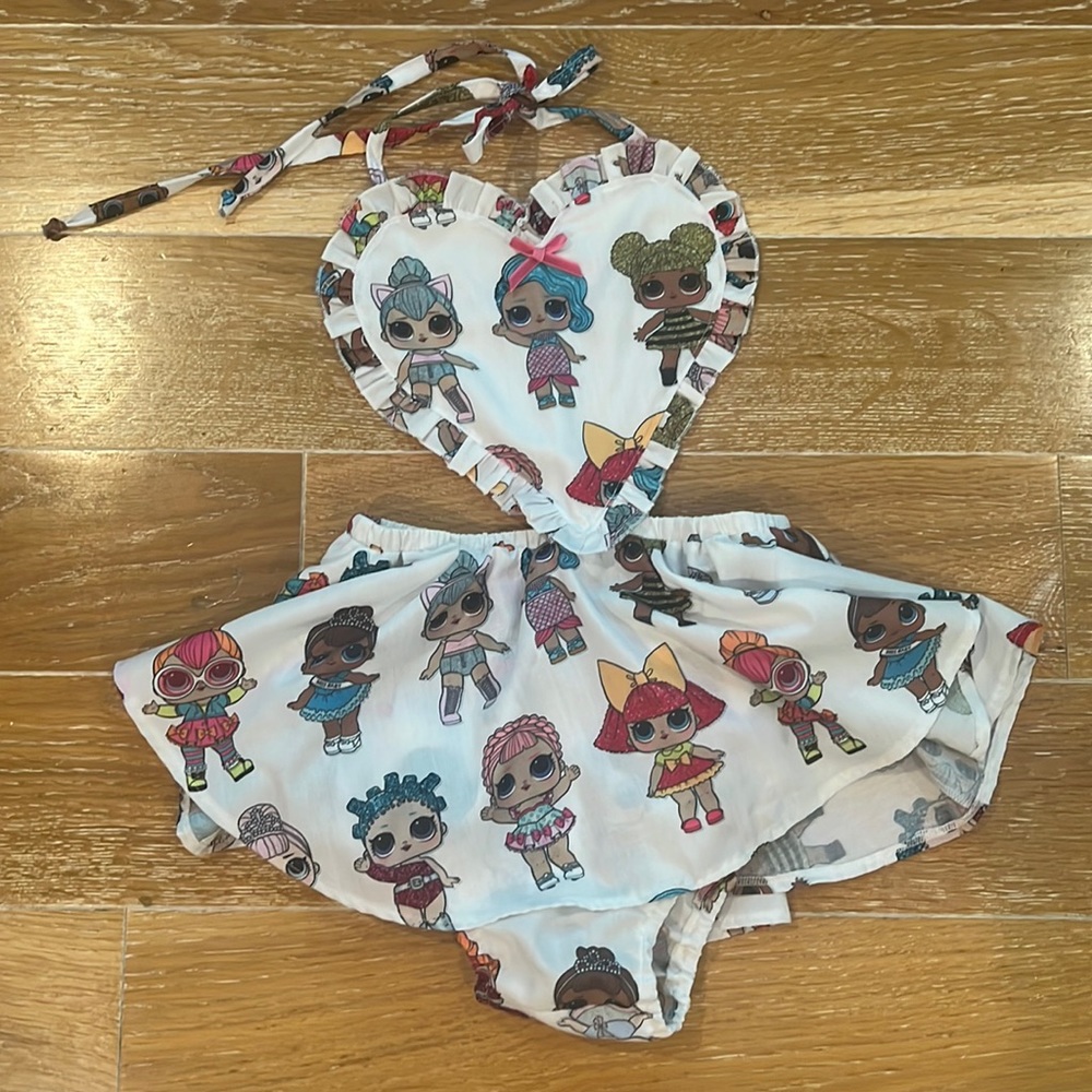 Little ladies, toddler girl romper. LOL doll print, heart shaped top.